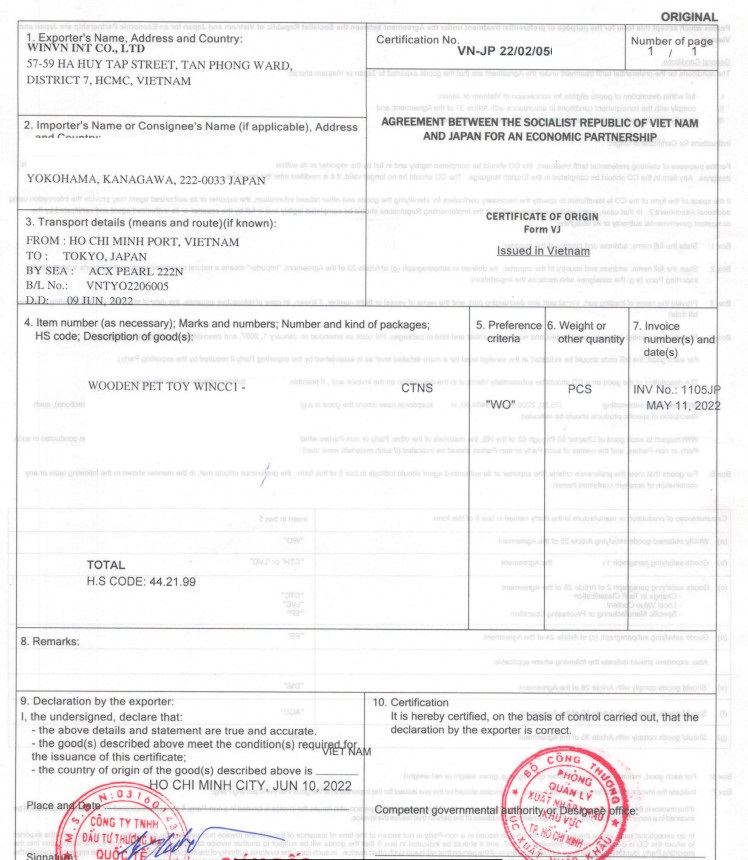 Certificate of Origin — Vietnam to Japan